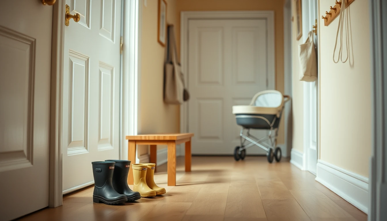 Photo of a family hallway with small wellington boots by the door, a wooden bench and an empty pushchair, illustrating the High Income Child Benefit Charge