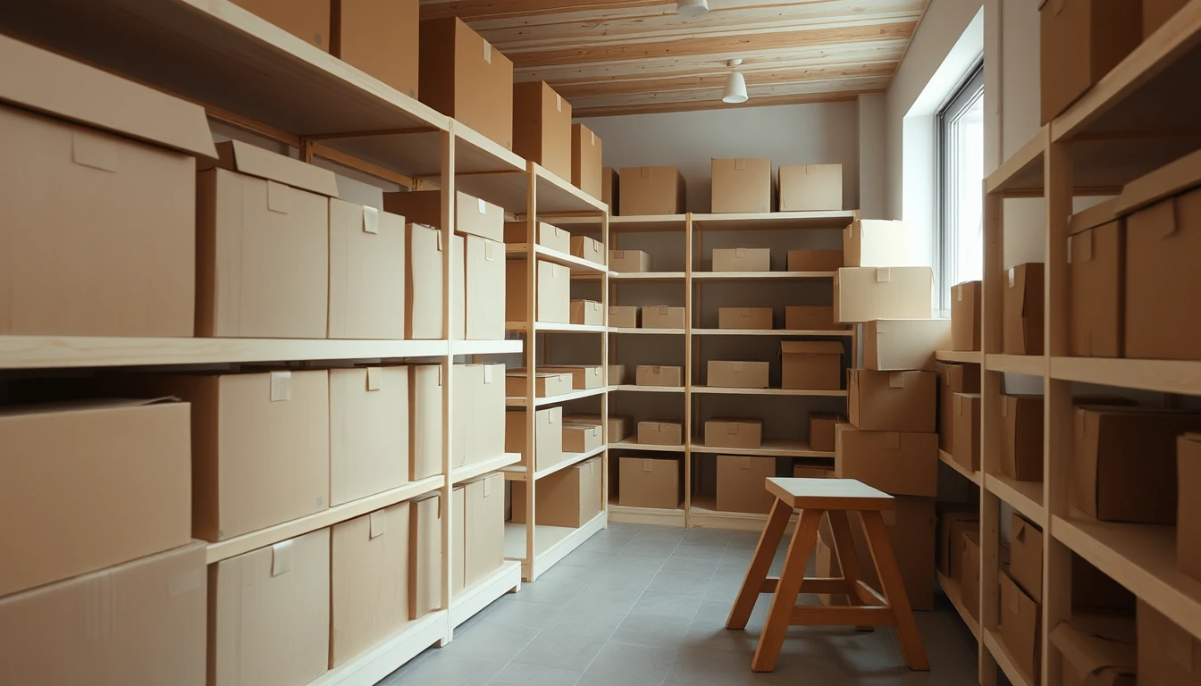 Photo of a tidy storeroom with pale wooden shelves of plain cardboard boxes and a wooden step stool