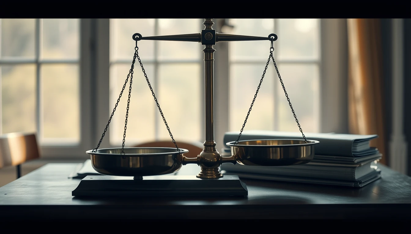 Photo of a brass balance scale on a desk by a window beside a stack of folders, illustrating how to read a company balance sheet