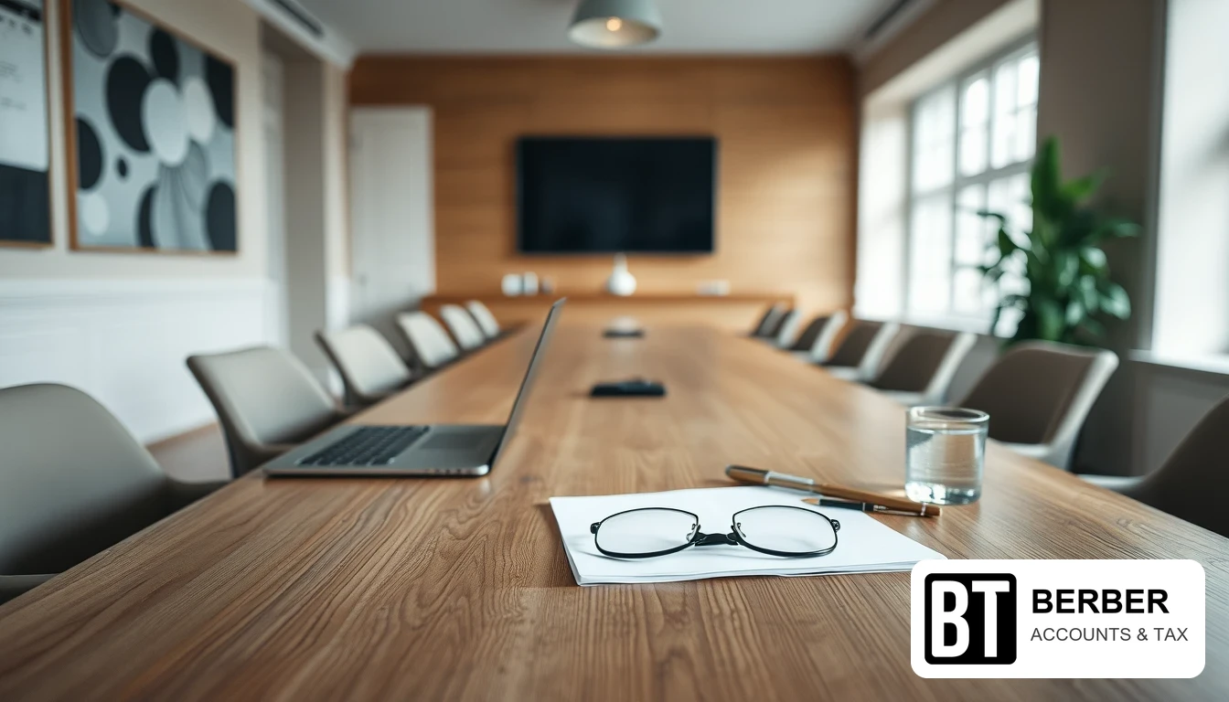 Photo of an empty meeting room with reading glasses on a sheet of paper, a laptop and a glass of water on an oak table, illustrating how to read a profit and loss account