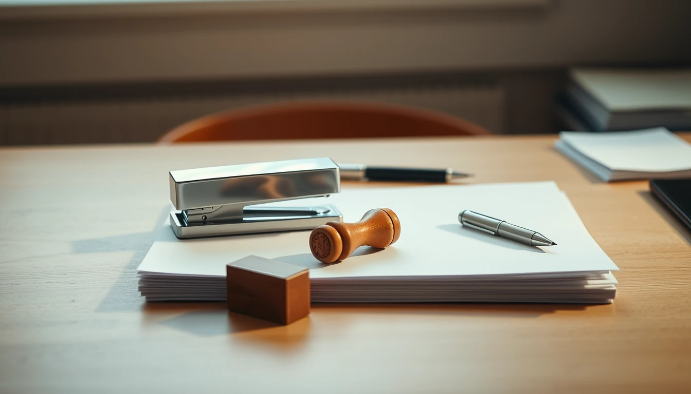 Photo of a desk with a stack of blank white paper, a metal stapler, a wooden stamp and pens, illustrating invoice numbering and credit notes