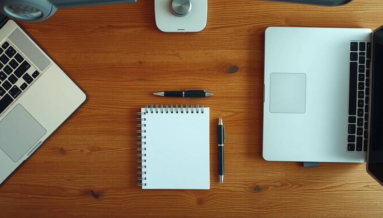 Photo from above of a wooden desk with laptops, a blank spiral notepad and pens, illustrating leaving MTD for Income Tax