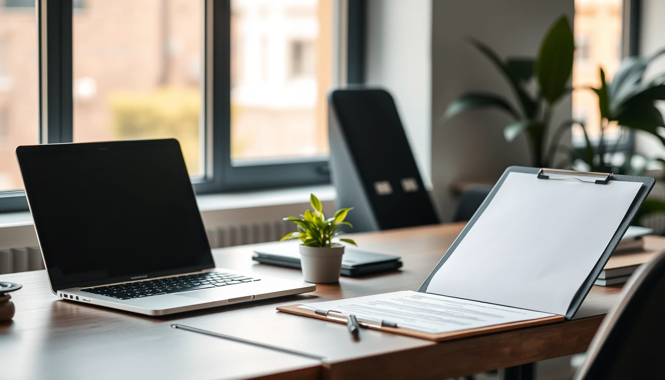 Photo of a tidy office desk with a laptop, folder and clipboard, representing limited company accountant packages