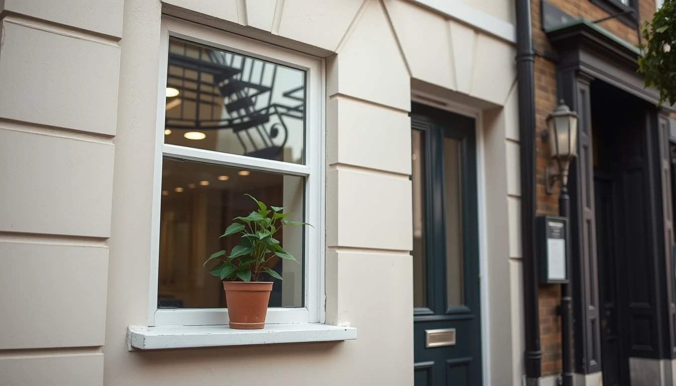 Photo of a small London office building exterior with a plant on the windowsill