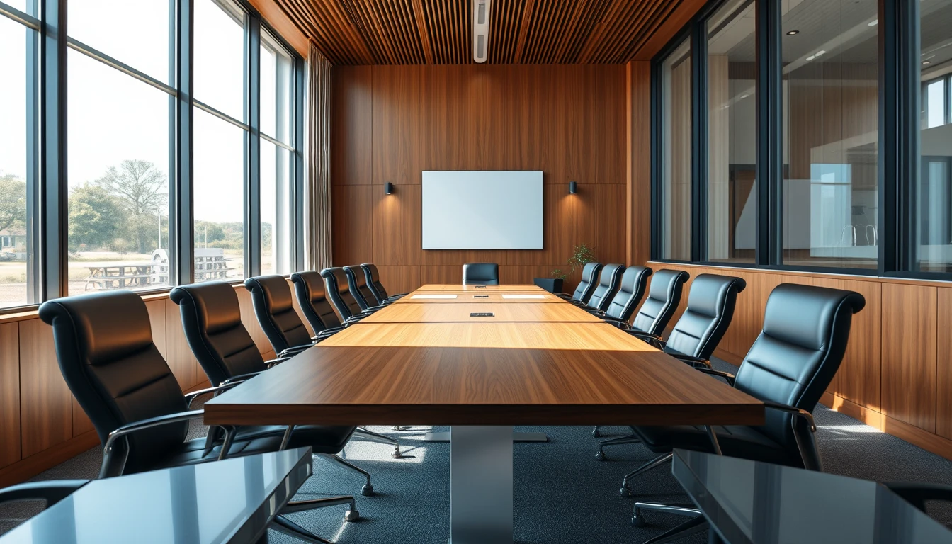 Photo of an empty boardroom with a long wooden table and black leather chairs