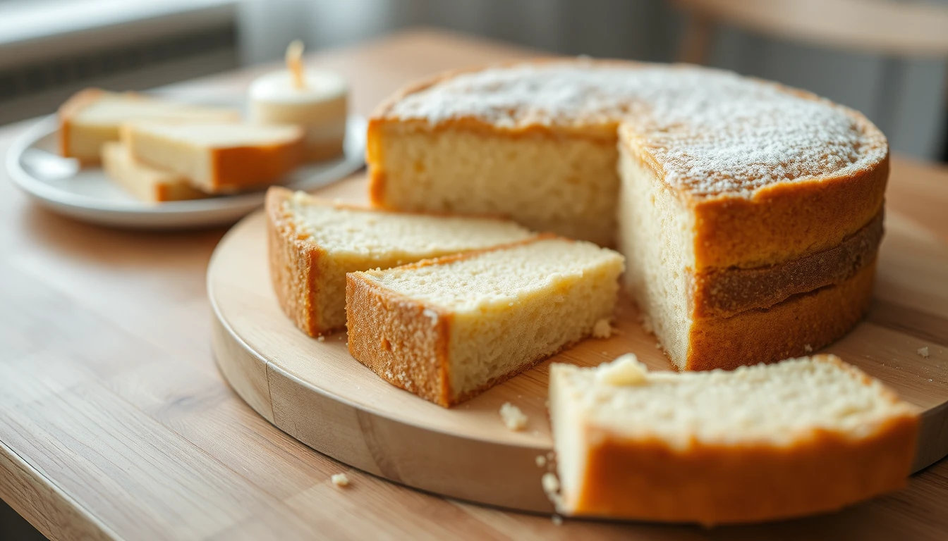 Photo of a sponge cake cut into slices on a round wooden board, illustrating shares and shareholders in a small company