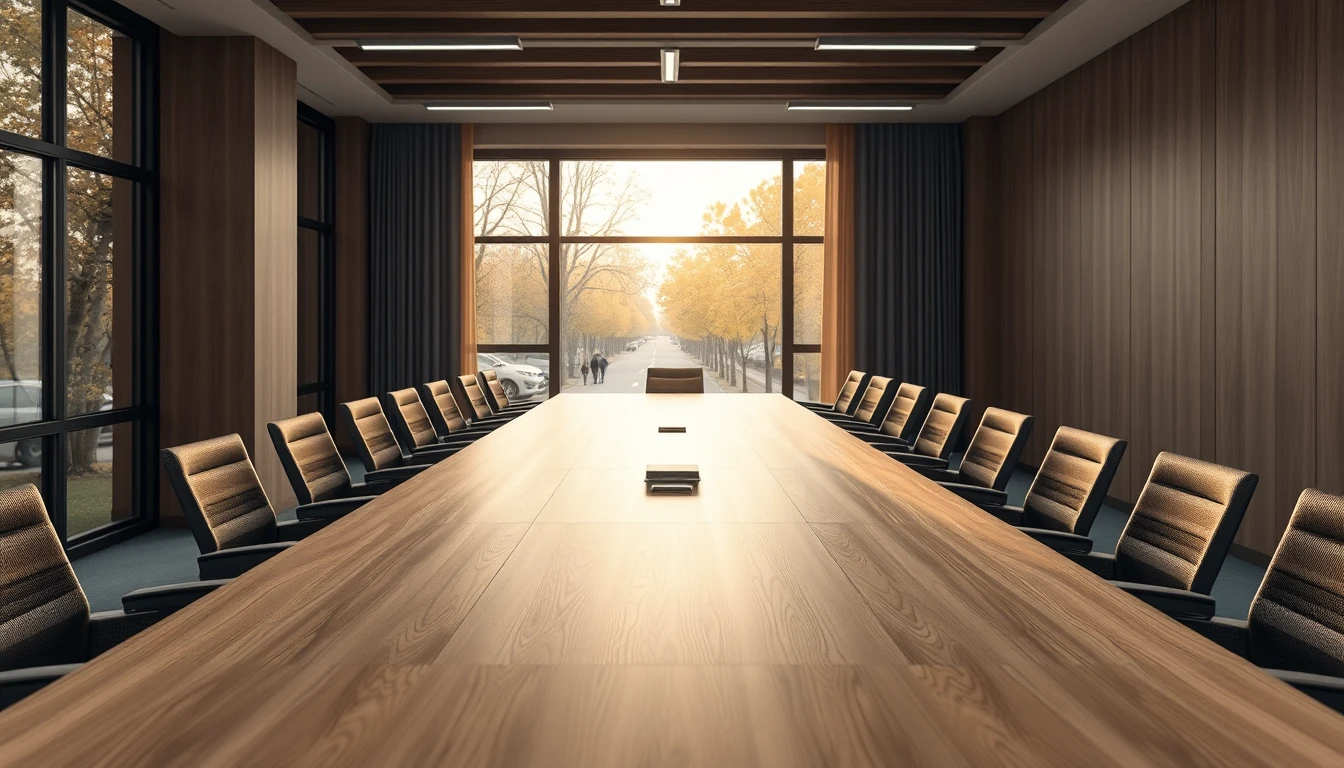 Photo of an empty meeting room with a long wooden table and chairs facing a window with autumn trees