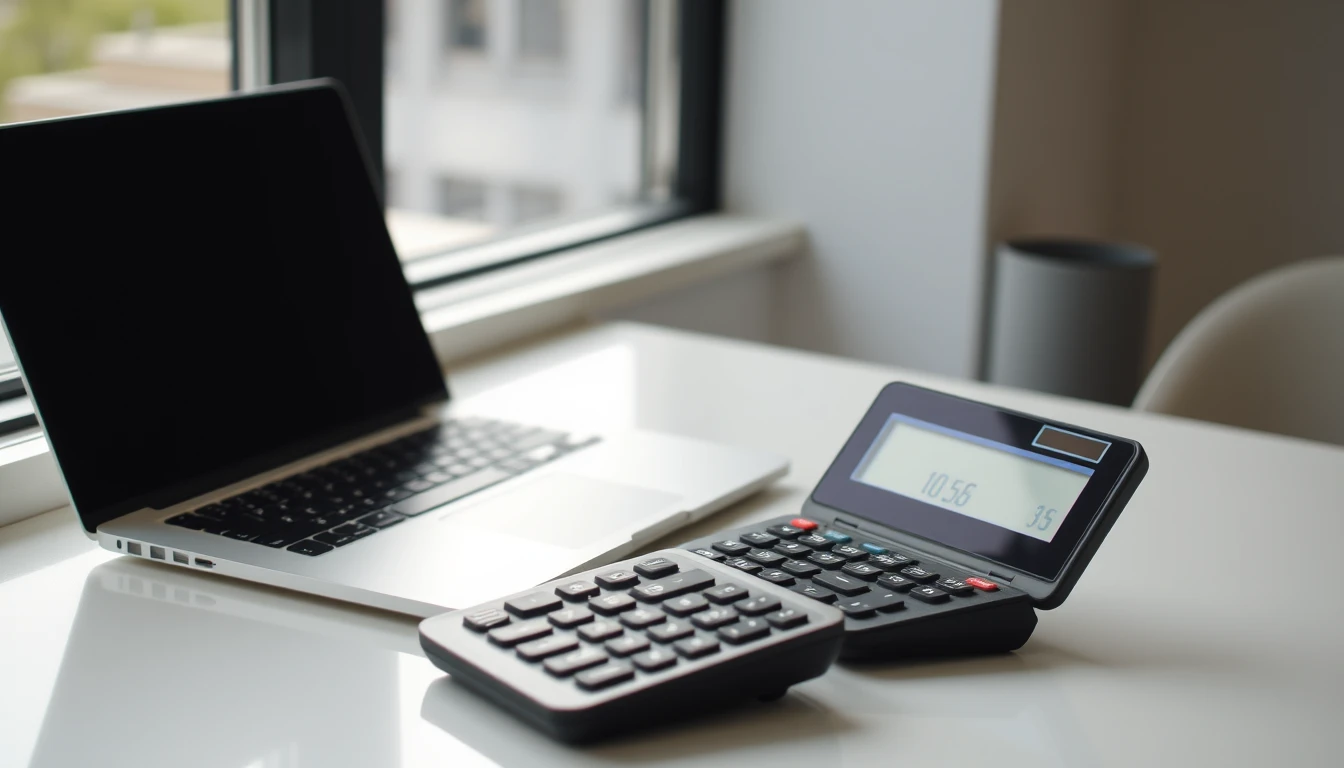Photo of a laptop and calculator on a bright desk beside a window