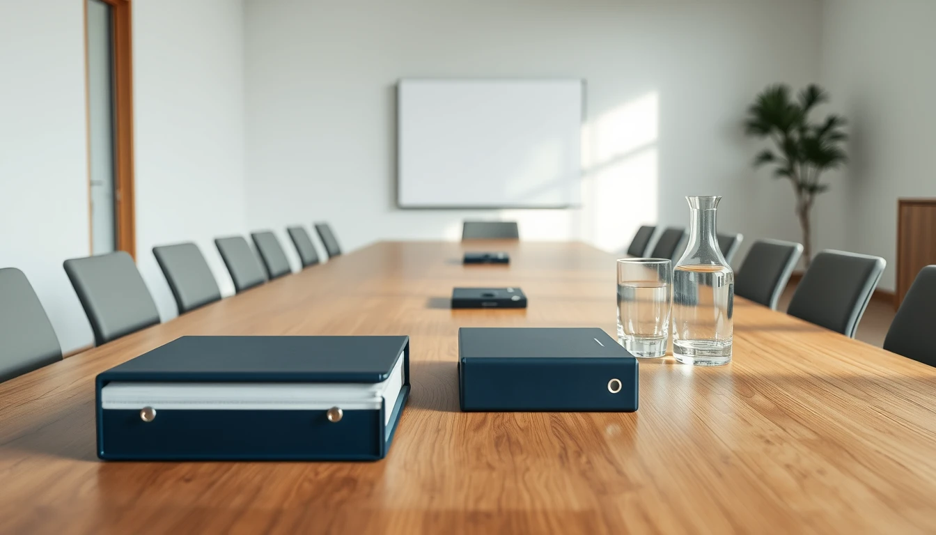Photo of an empty meeting room with navy ring binders, a water carafe and glasses on a long wooden table, illustrating management accounts vs statutory accounts