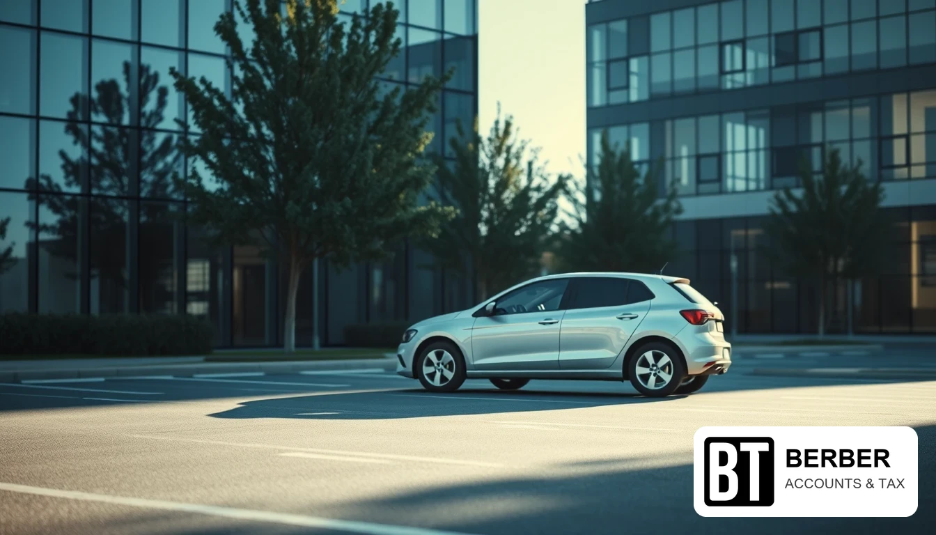 Photo of a silver hatchback parked alone in an office car park beside glass buildings and trees, illustrating mandatory payrolling of company car benefits in kind