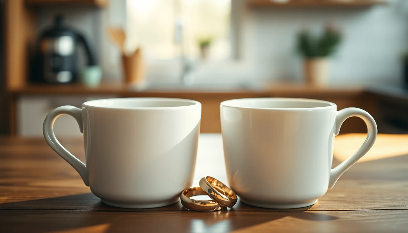 Photo of two white mugs side by side on a kitchen table with two gold wedding rings between them, illustrating Marriage Allowance
