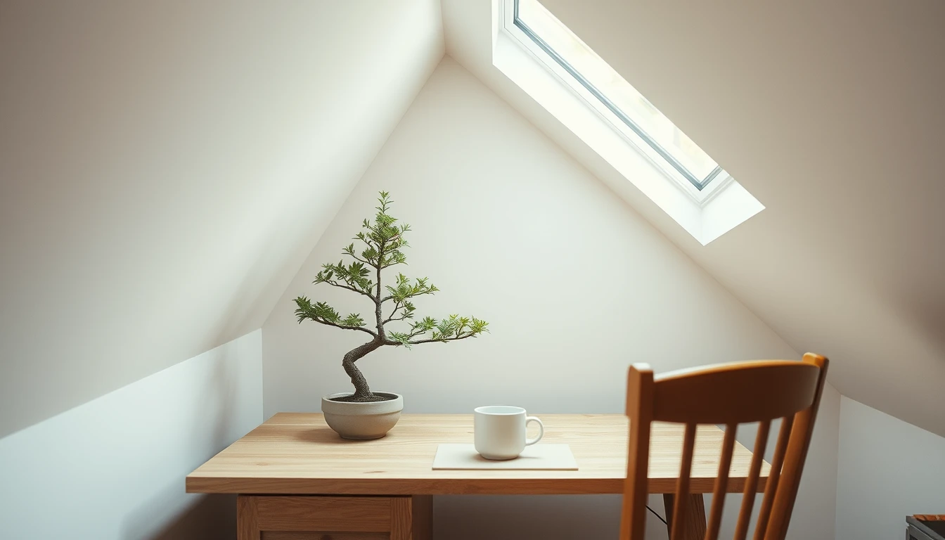 Photo of a small attic workspace under a skylight with a wooden desk, a bonsai tree, a white mug and a wooden chair