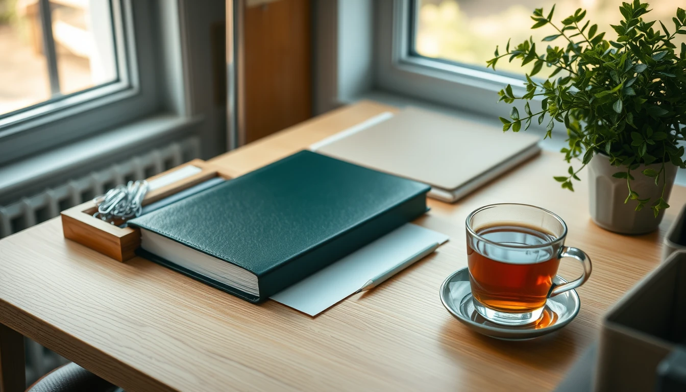 Photo of a tidy oak desk with a green hardback notebook, desk tray of paper clips, glass of tea and a potted plant by a window