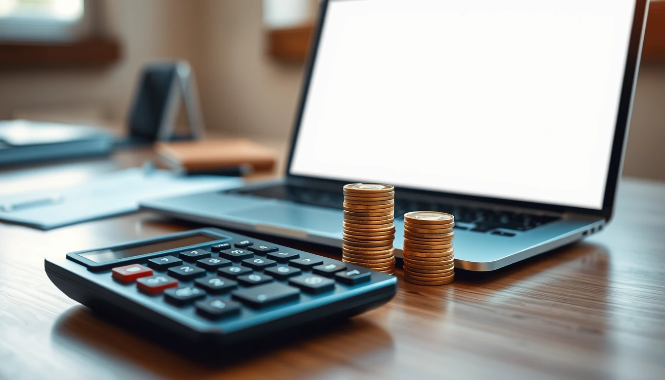 Photo of a desk with a calculator, stacked coins and a laptop, representing the cost of an MTD accountant