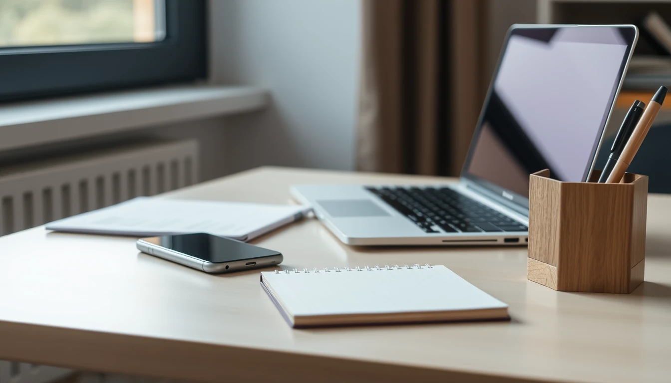 Photo of a tidy desk with a laptop, smartphone, notebook and a wooden pen holder beside a window