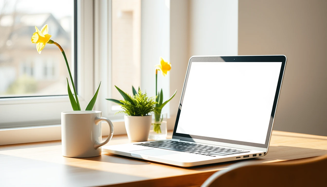 Photo of a bright home office desk with an open laptop, white mug, potted plant and daffodils by a sunny window