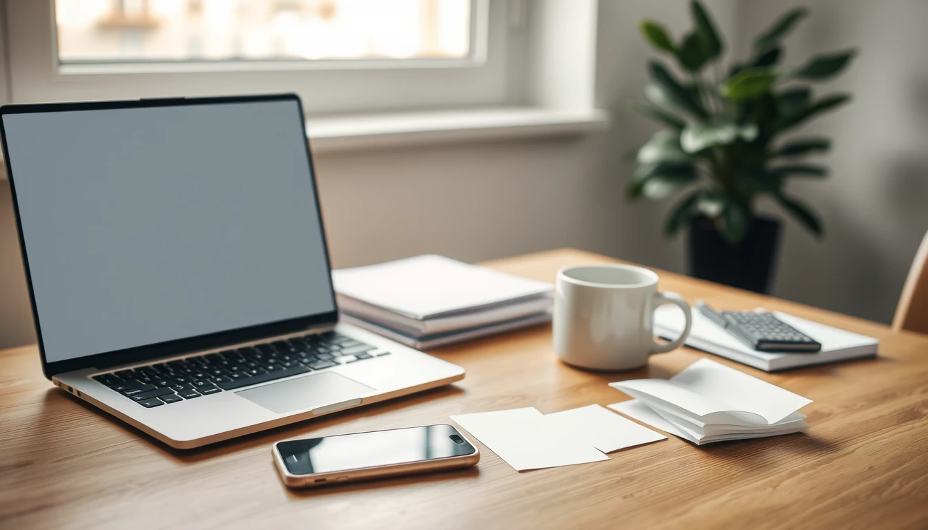 Photo of a home-office desk with an open laptop showing a blank screen, a smartphone, plain paper slips and a white mug, illustrating MTD bank feeds and receipt apps