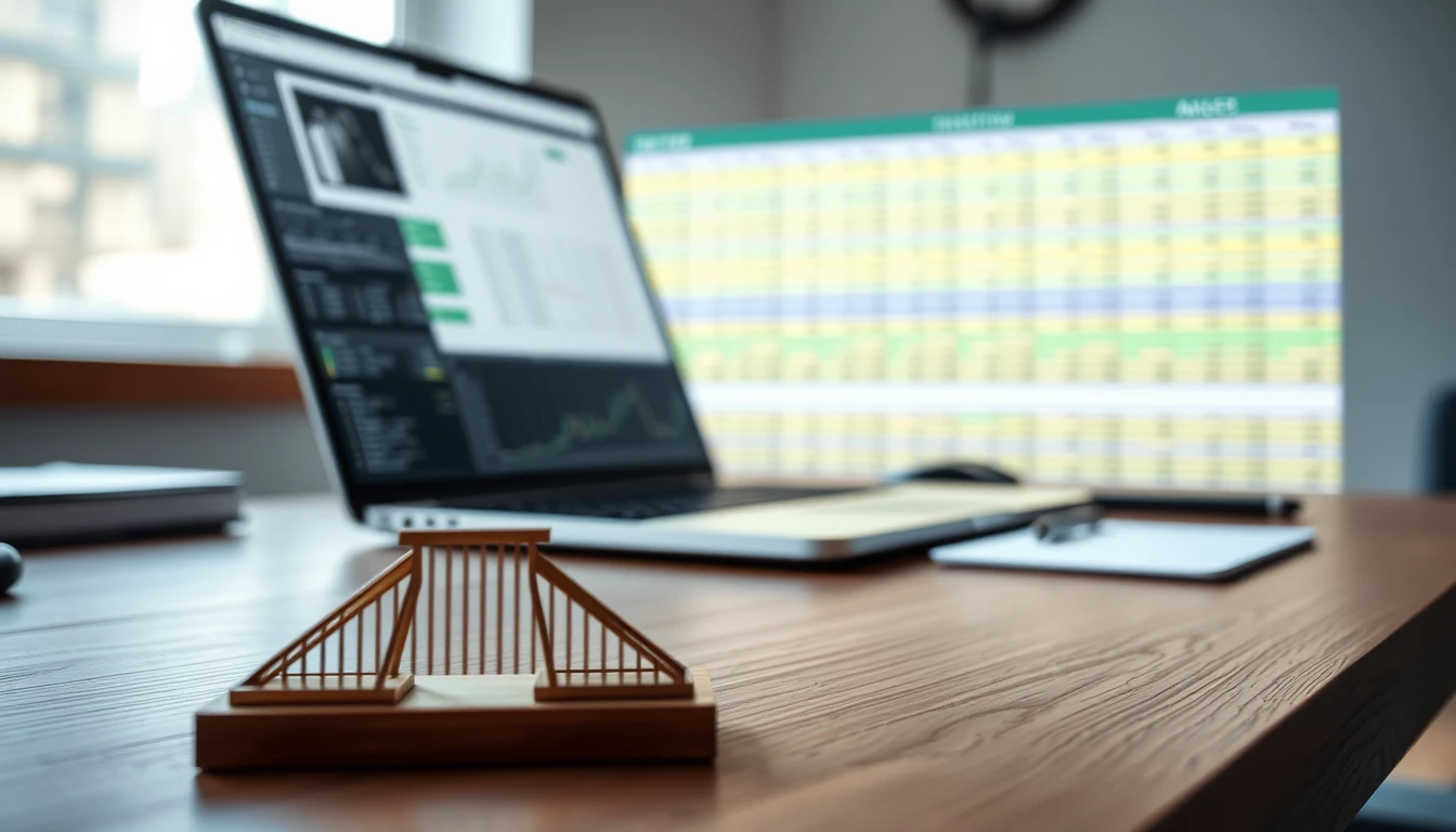 Photo of a laptop and a blurred spreadsheet on a wooden desk with a small wooden bridge model in the foreground