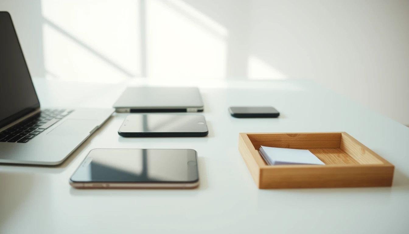 Photo of a clean white desk with a laptop, phones and tablets lying face down and a wooden tray of paper