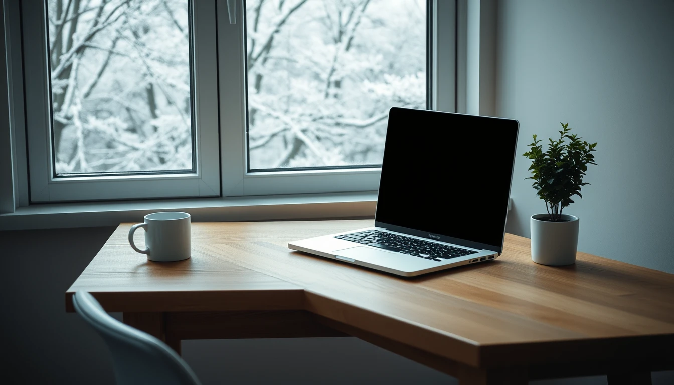 Photo of a minimalist oak desk beside a window with frosty trees outside, holding an open laptop, a white mug and a small potted plant