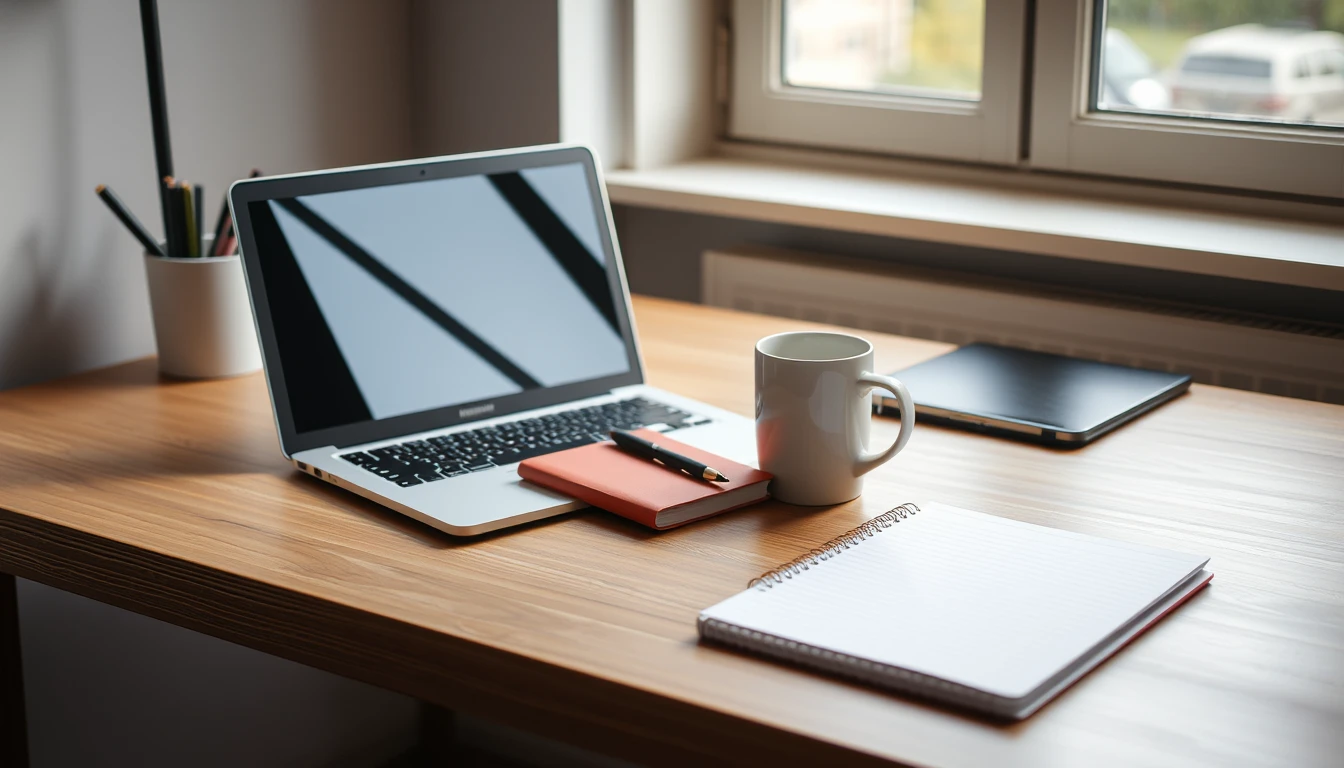 Photo of a tidy desk with a laptop, notebook and coffee mug in soft window light