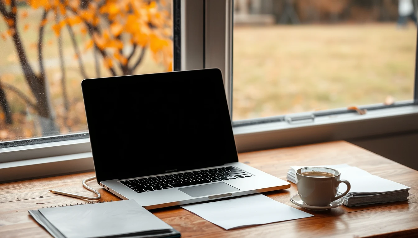 Photo of a wooden desk by an autumn window with an open laptop, a cup of tea and stacks of blank paper, illustrating the MTD year one tax return