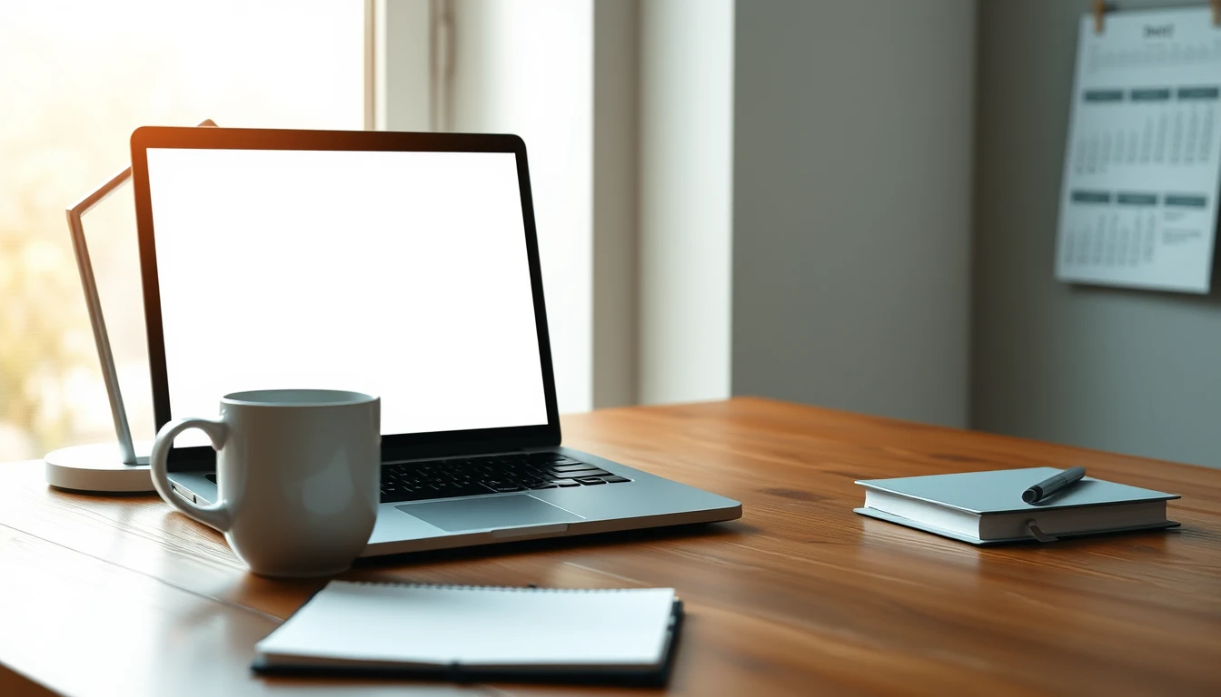Photo of a tidy desk with a laptop, coffee cup and notebook, representing Making Tax Digital for Income Tax