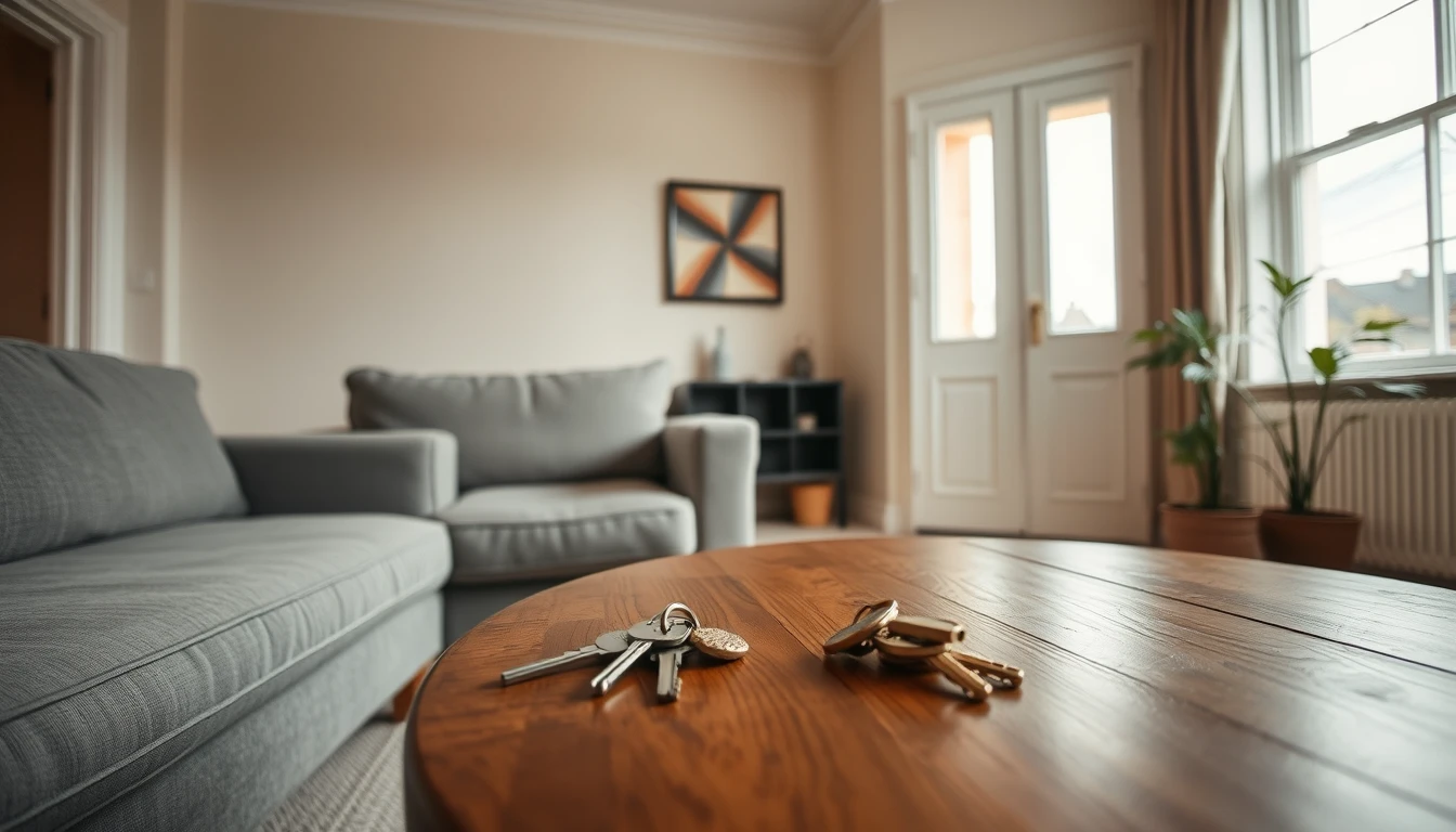 Photo of an empty furnished living room with a grey sofa and two sets of house keys on a wooden coffee table