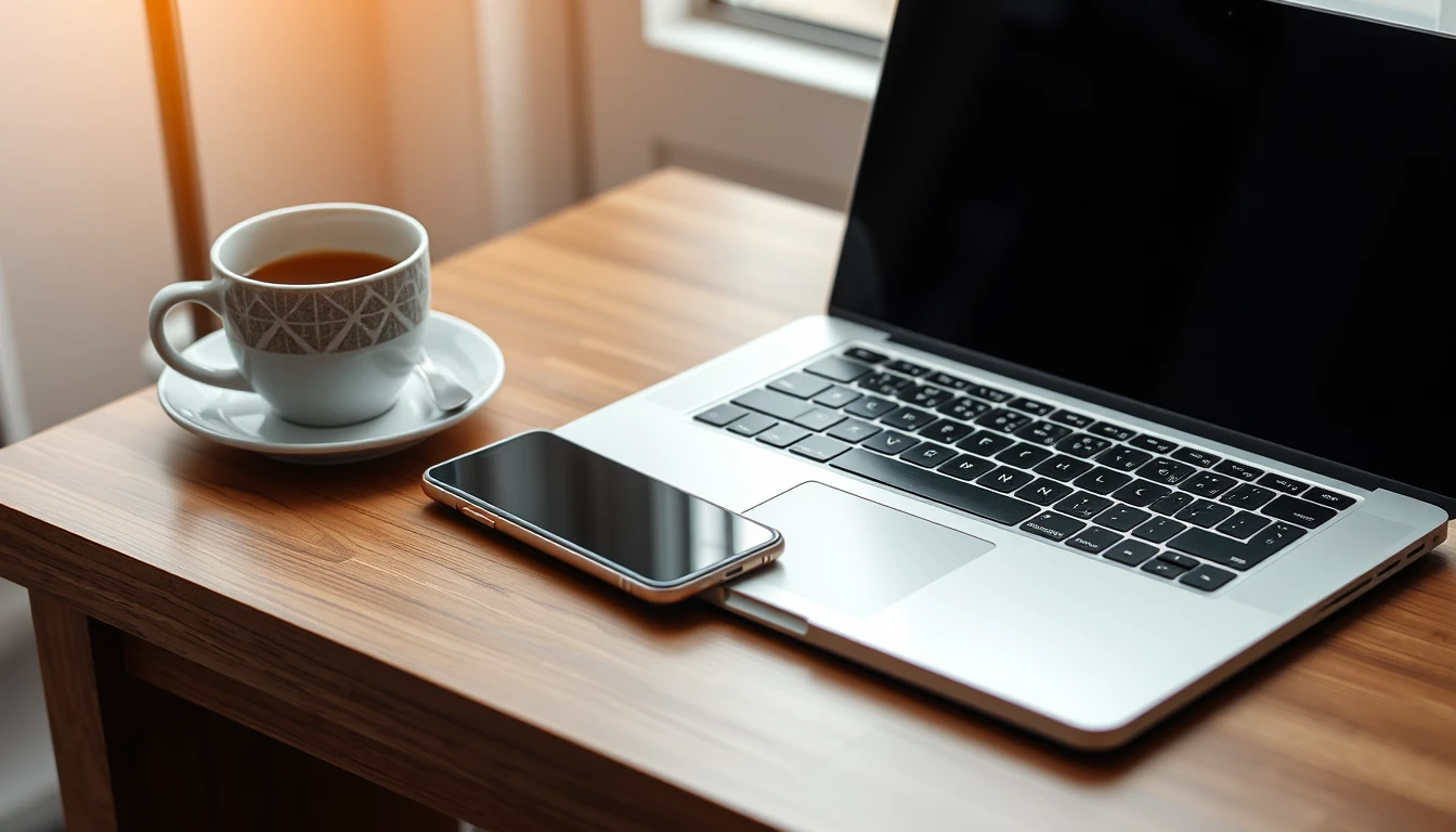 Photo of a laptop and smartphone on a tidy wooden desk beside a coffee cup in soft window light