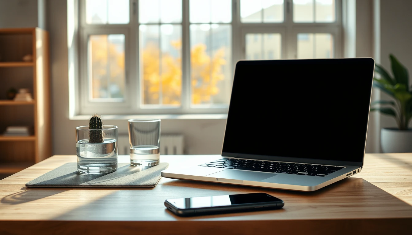 Photo of a sunlit wooden desk with an open laptop, a smartphone, a glass of water and a small cactus in front of tall windows