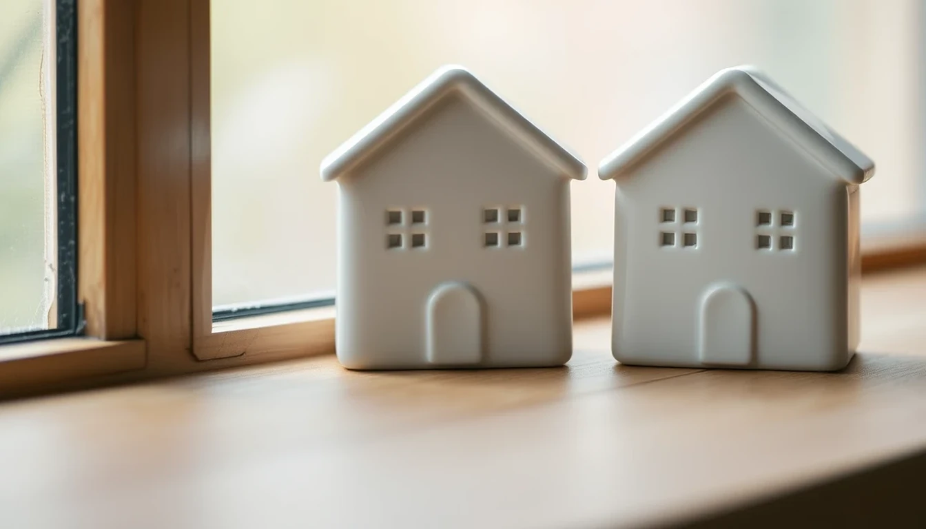 Photo of two white ceramic house ornaments side by side on a wooden windowsill, illustrating MTD for jointly owned property