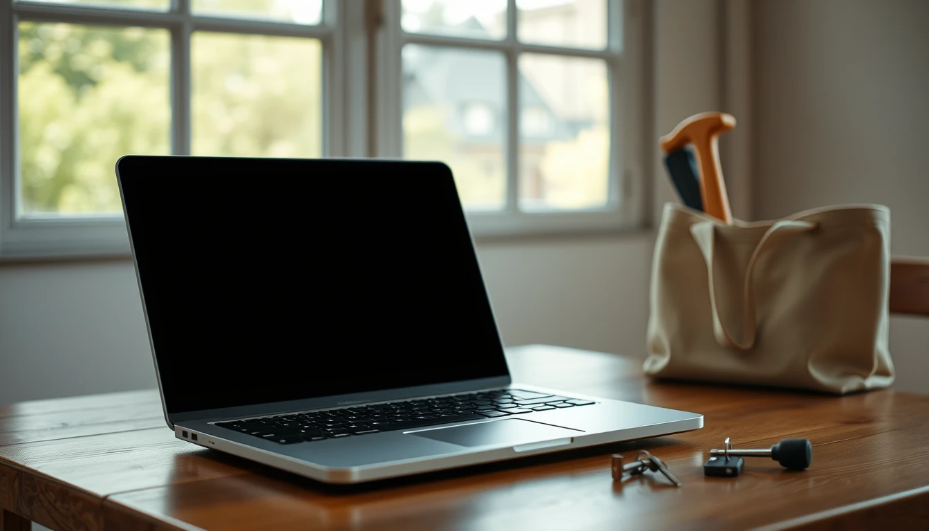 Photo of a wooden desk with an open laptop, a canvas tool bag holding a hammer and a set of keys, illustrating MTD with more than one income source