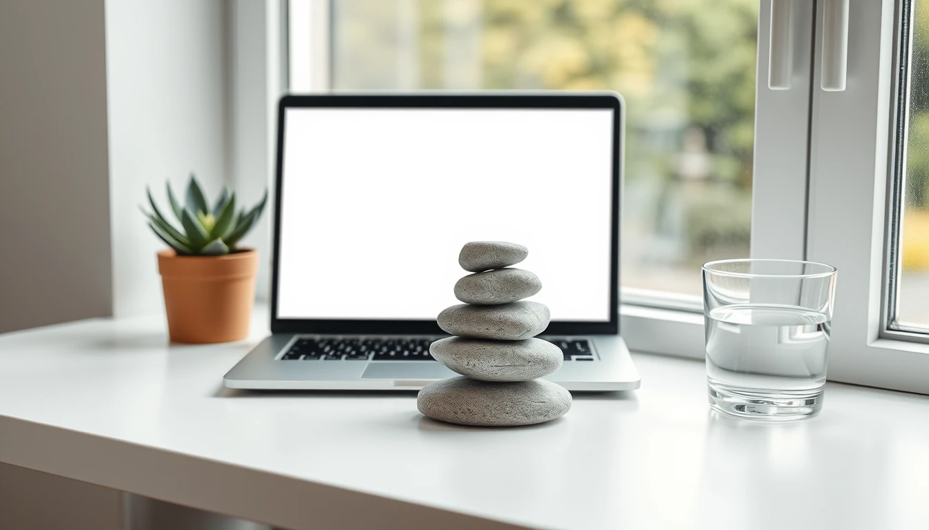 Photo of a white desk by a window with an open laptop, a stack of balanced grey stones, a succulent and a glass of water