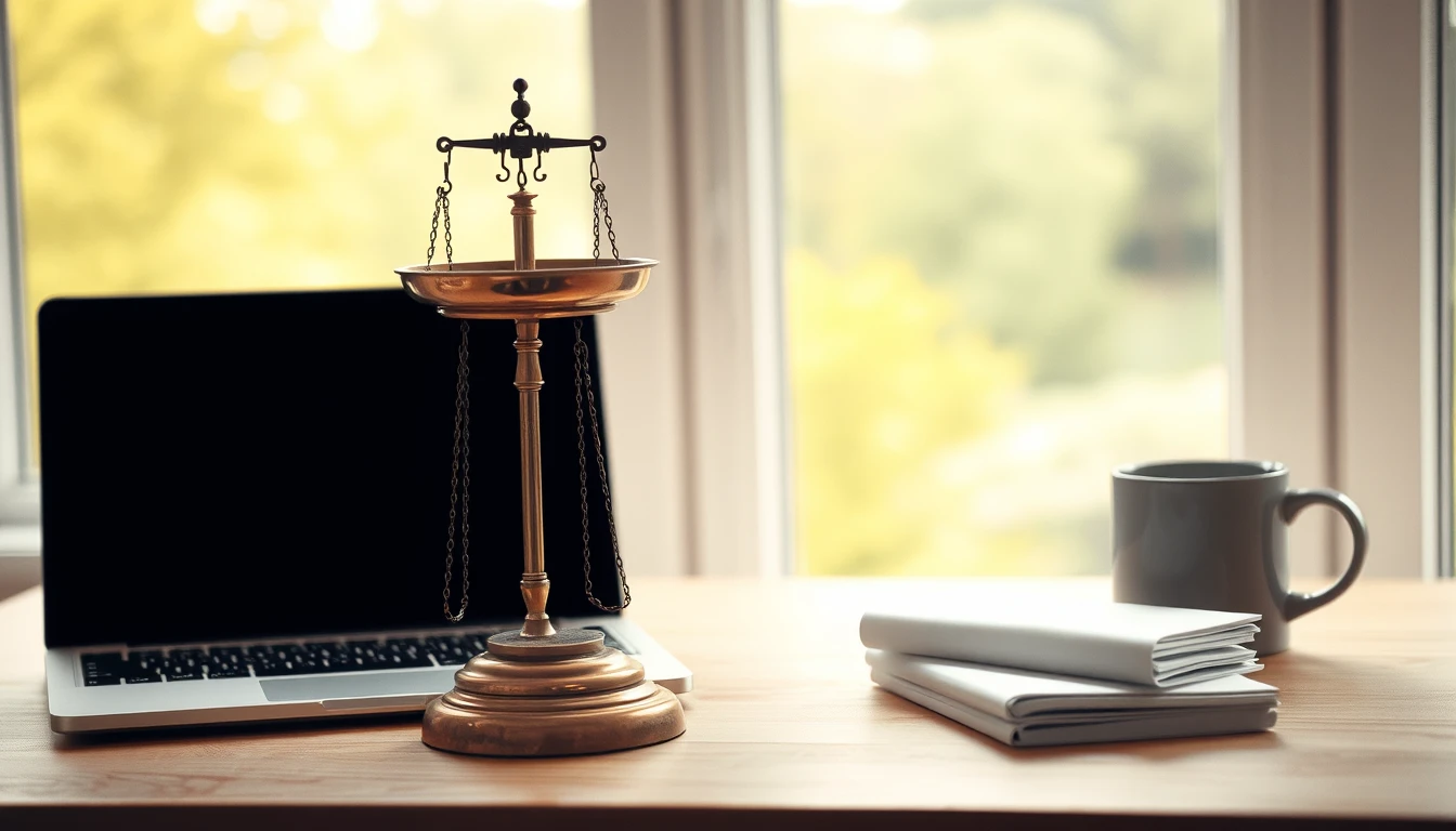 Photo of an antique brass balance scale on a wooden desk beside a laptop, a stack of blank paper and a grey mug by a window