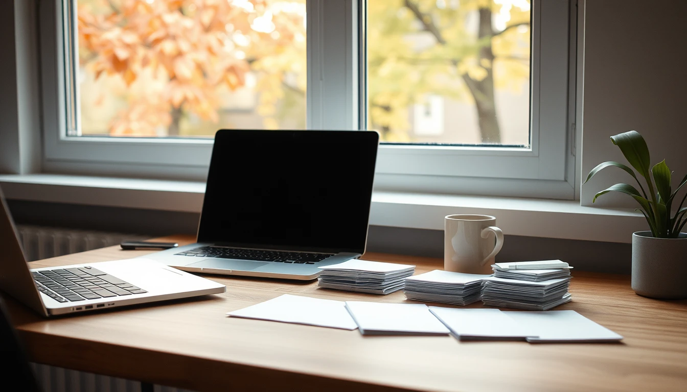 Photo of a home office desk by an autumn window with a laptop, a mug and neat stacks of blank paper