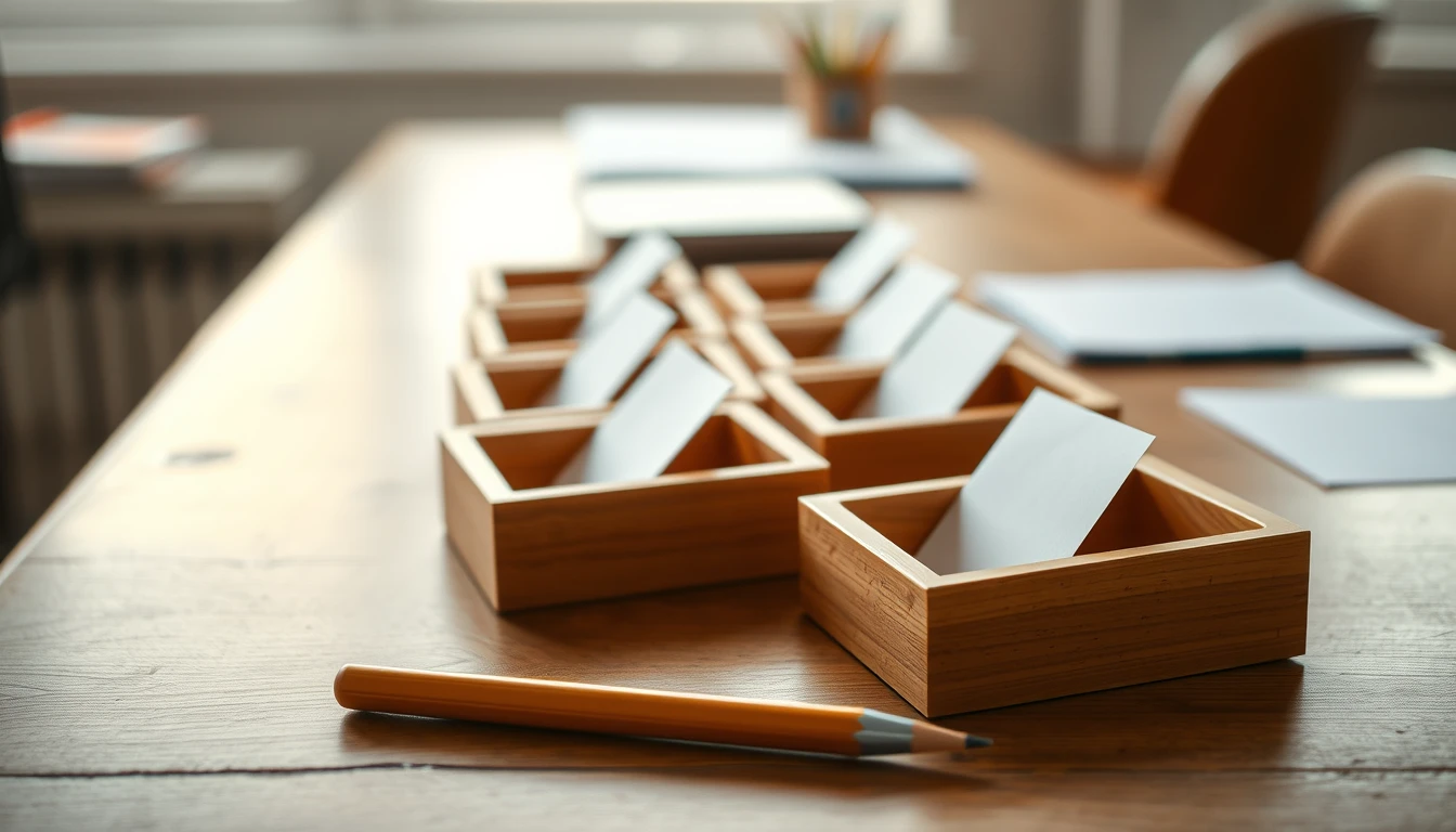 Photo of small wooden trays holding blank paper slips on a wooden desk with a pencil, illustrating what goes in an MTD quarterly update