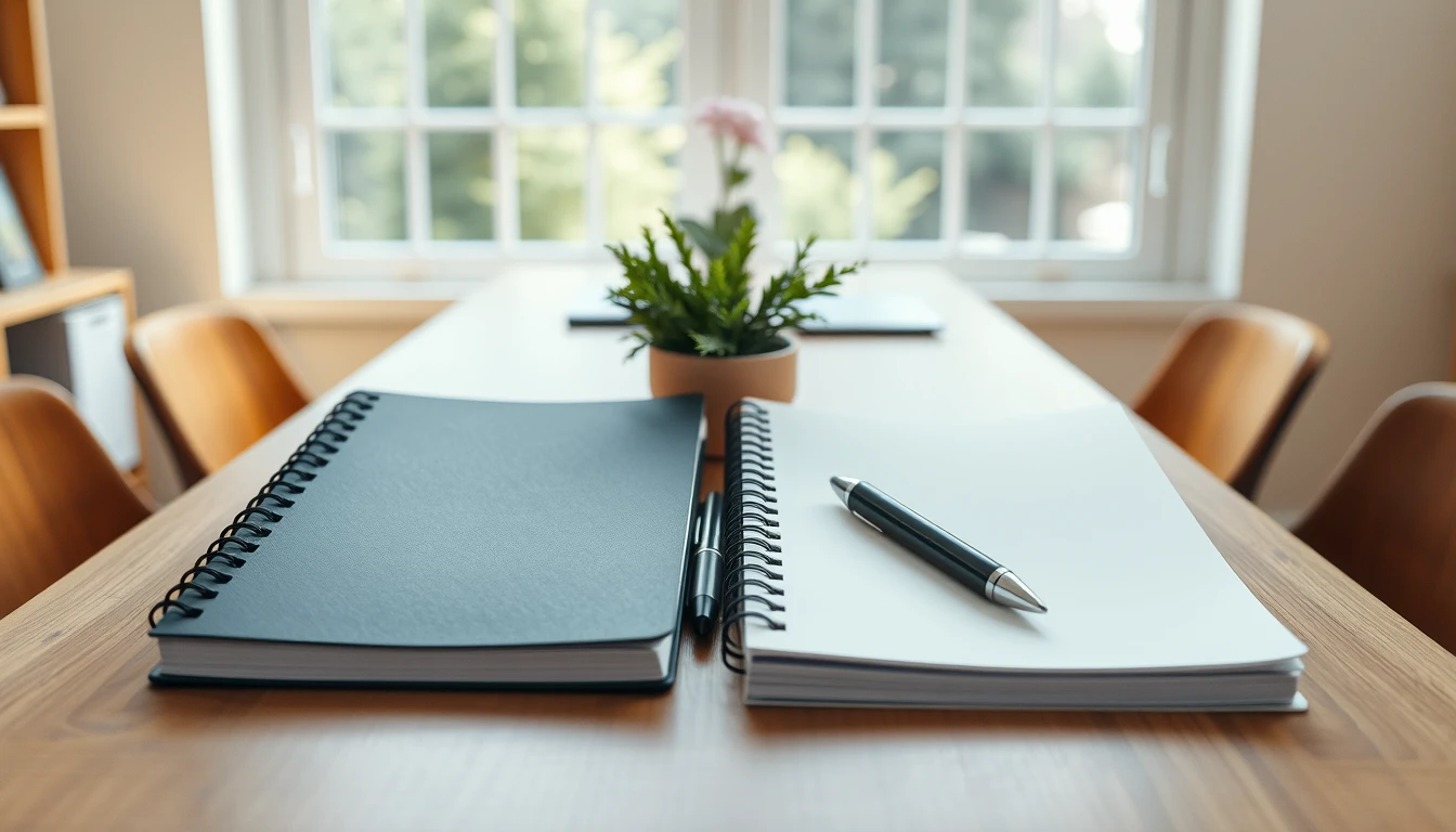 Photo of two spiral notebooks side by side on a wooden desk with a pen and a small plant by a window, illustrating MTD quarterly updates versus VAT returns