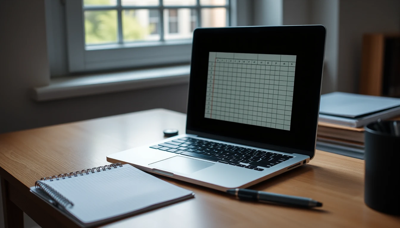 Photo of a laptop showing a blank spreadsheet grid beside a spiral notebook and pen on a desk by a window
