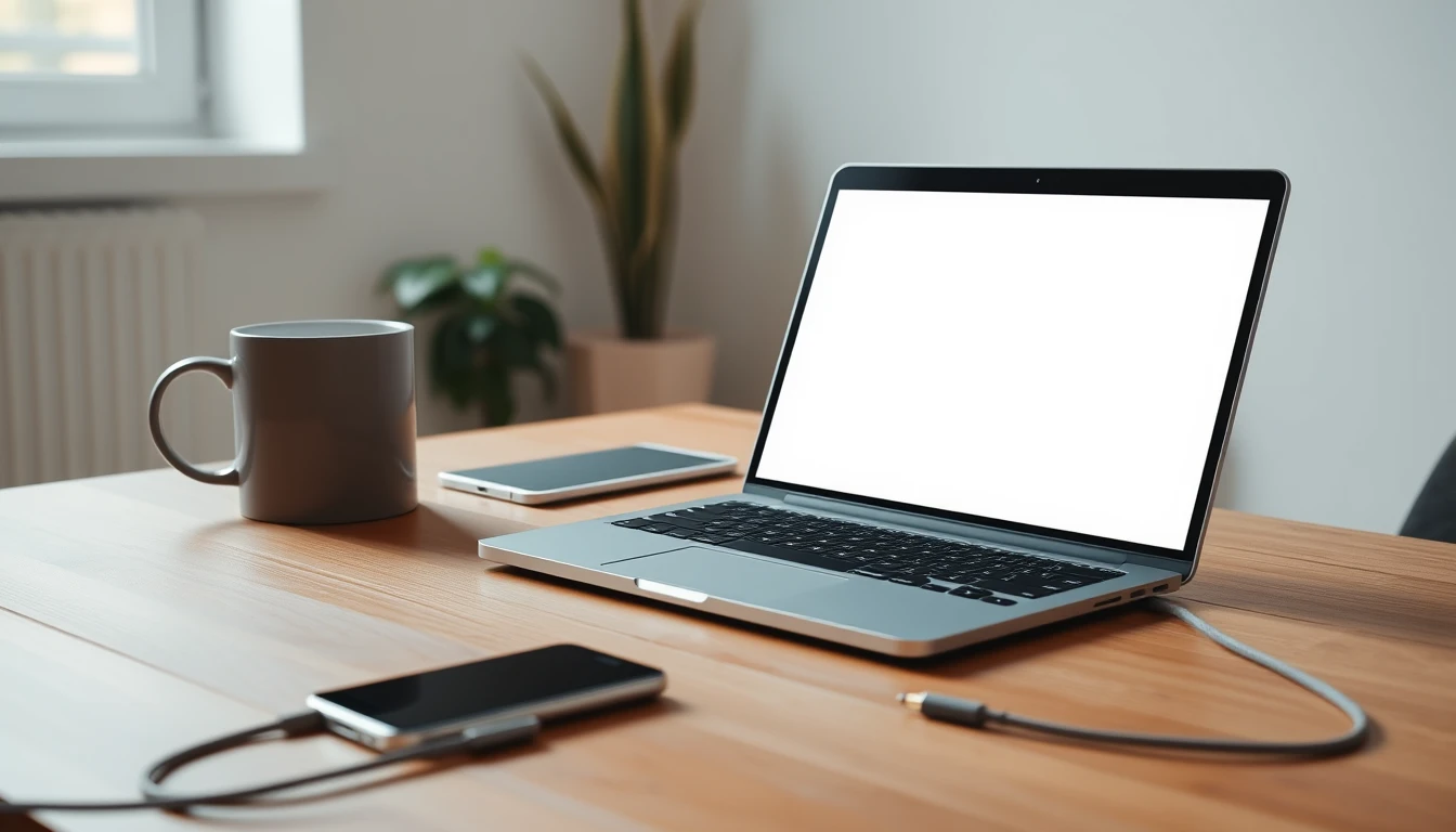 Photo of a modern office desk with an open laptop showing a blank screen, a phone face down and a coffee cup