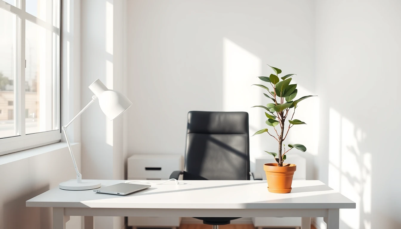 Photo of a bright new office with a white desk, white lamp, black chair and a young plant in a terracotta pot