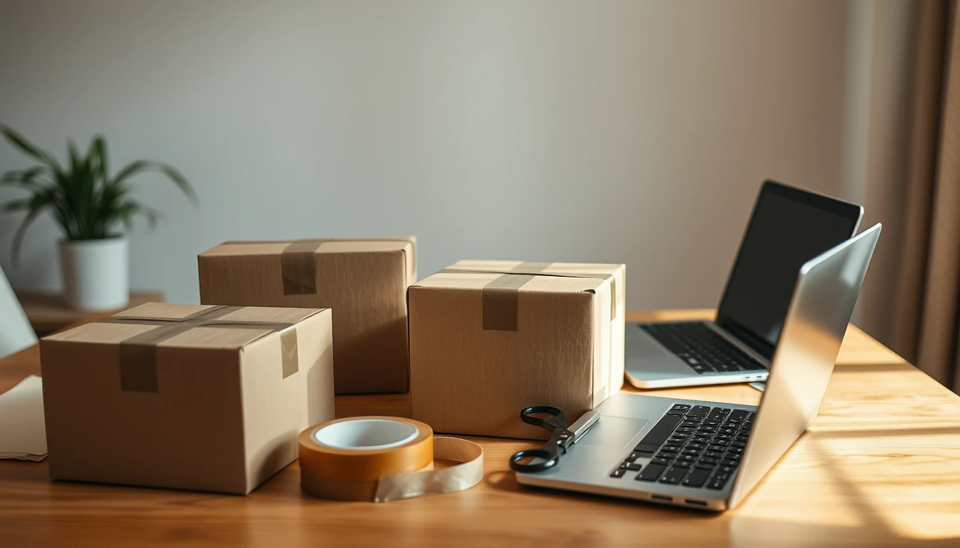 Photo of cardboard parcels, packing tape, scissors and laptops on a wooden table, illustrating online seller bookkeeping for platform payouts