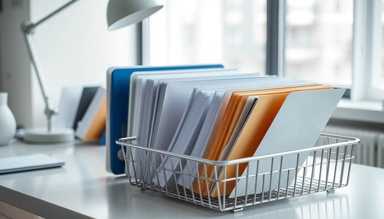 Photo of neatly arranged folders and a wire tray on a bright desk with a lamp
