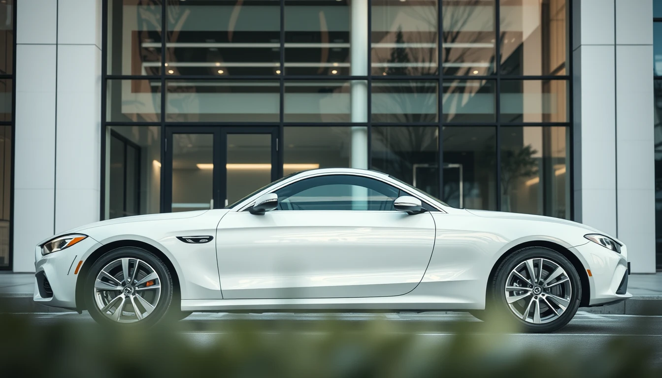 Photo of a modern company car parked outside a glass office building