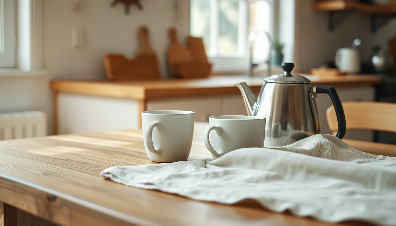 Photo of a wooden staff kitchen table with a steel kettle, two white mugs and a folded linen cloth, illustrating P45, P60 and starter checklist forms