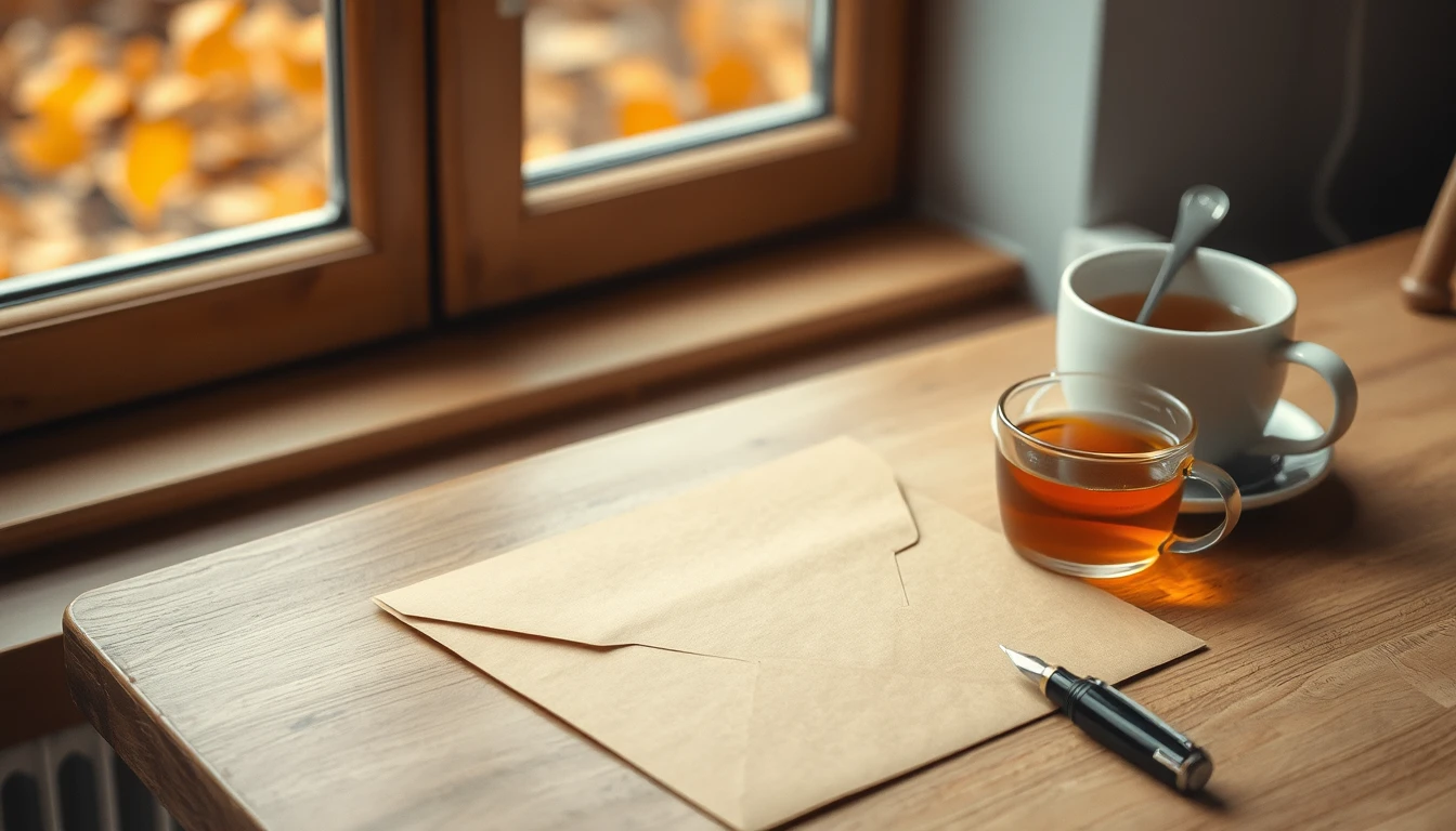 Photo of a brown envelope, fountain pen and cups of tea on a wooden table by a window with autumn leaves outside