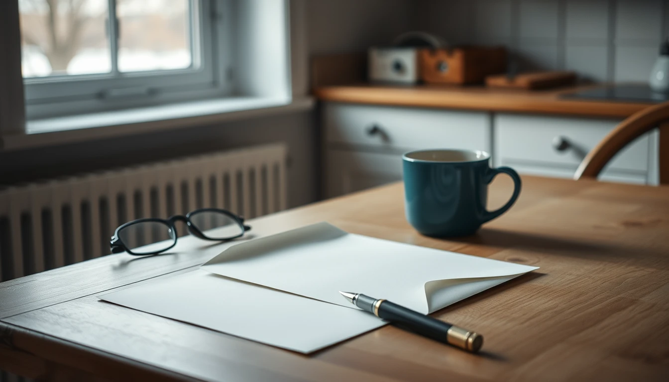 Photo of a kitchen table in winter light with a blank sheet of paper, an envelope, a pen, glasses and a mug, illustrating paying Self Assessment through your tax code