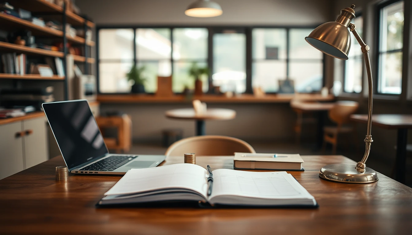 Photo of an empty cafe back office with a wooden desk, a laptop, an open ledger, small stacks of coins and a brass desk lamp