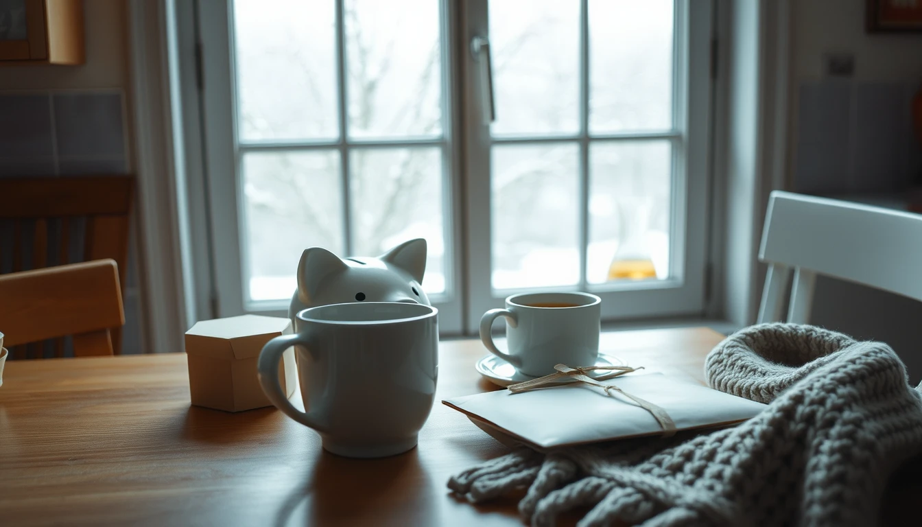 Photo of a kitchen table by a wintry window with a white piggy bank, mugs, a tied envelope and a grey knitted scarf