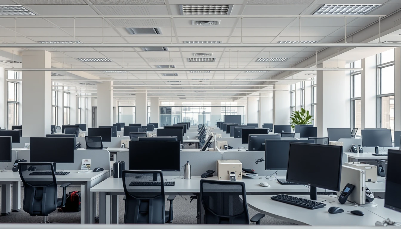 Photo of a modern open-plan office with empty desks and monitors in soft daylight