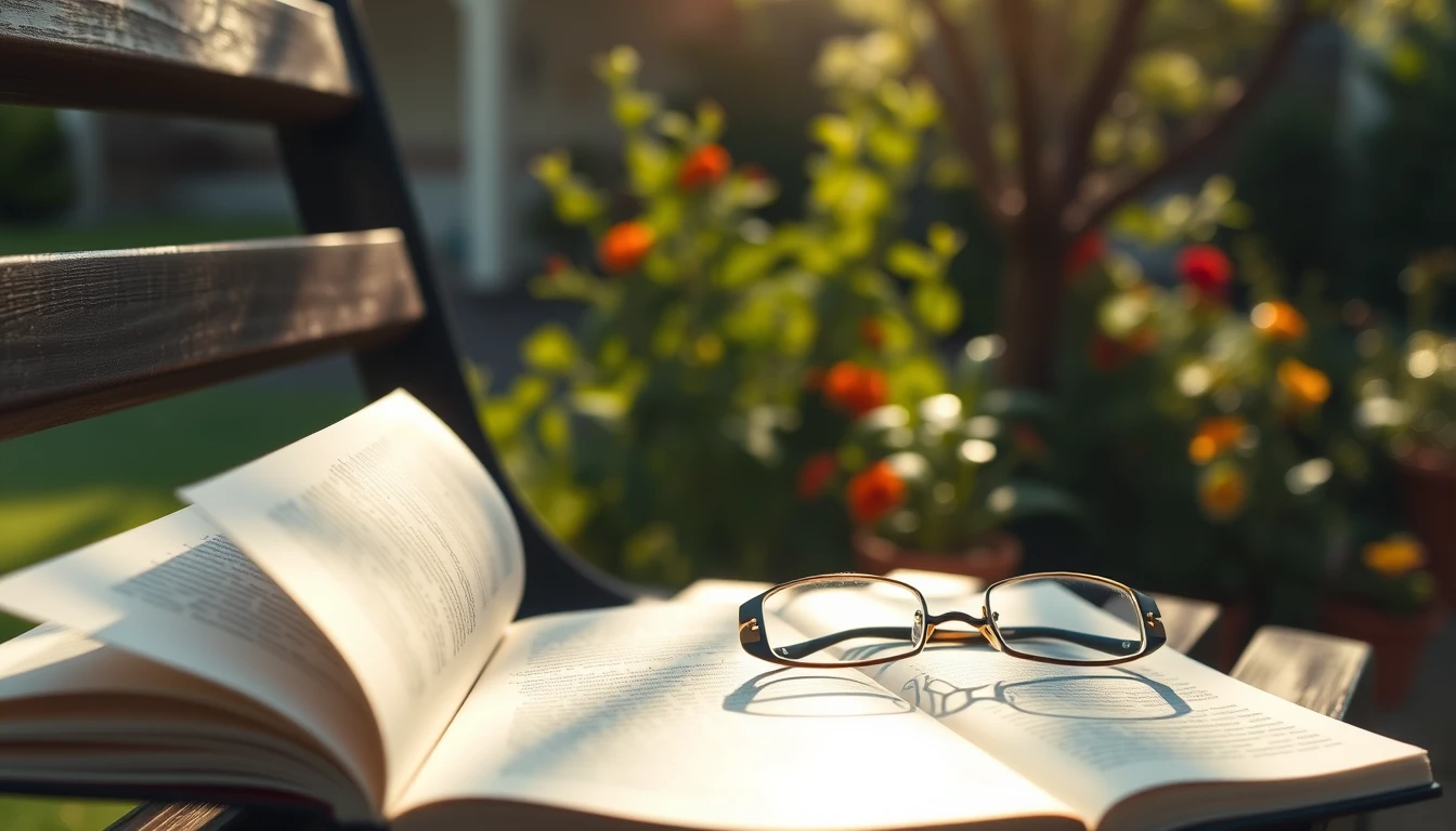Photo of a sunlit garden bench with an open notebook and reading glasses